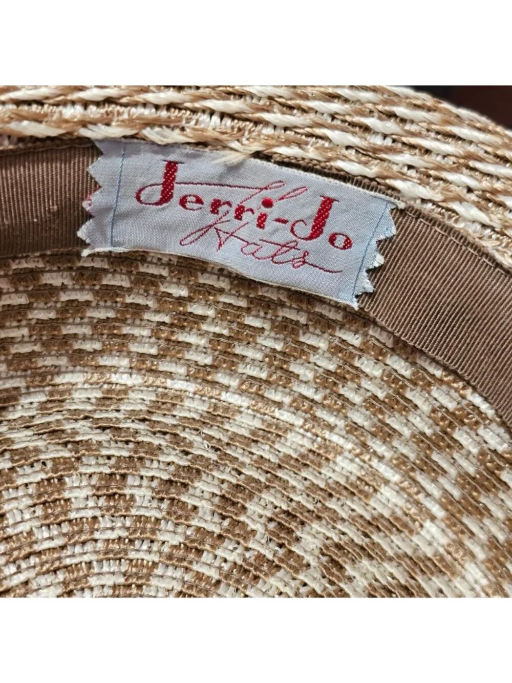Two-Tone Brown Straw Boater Hat Ribbon Veil By Jerri-Jo Hats Vintage Woven